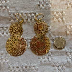 Gold double circle drop earrings